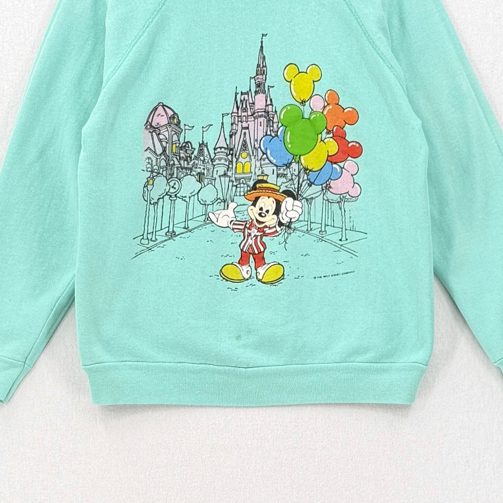 VINTAGE DISNEY Sweatshirt Large Teal Mickey Mouse Castle Balloons Crew Tultex - Picture 6 of 15